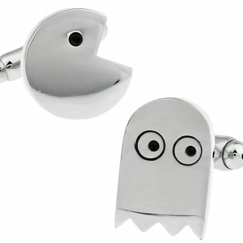 Men’s Pac Man & ghost 80s video game novelty silver cuff links